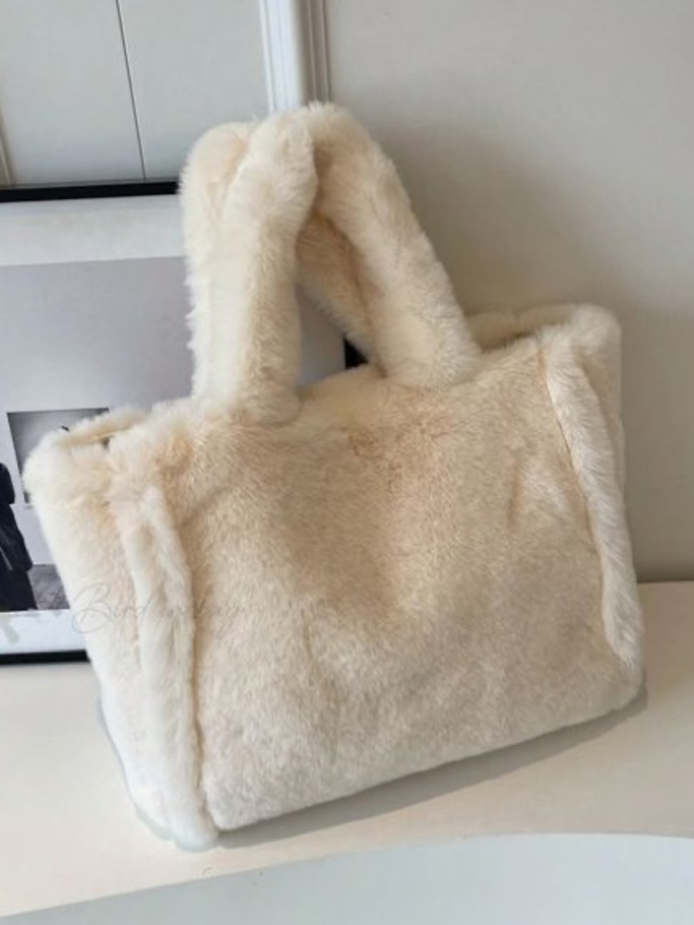 Cream White Faux Fur Fluffy Tote Bag